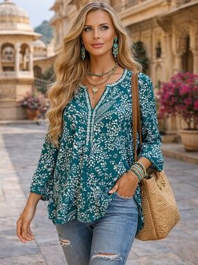Lucky Brand Embroidered Boho Top Medium Green Floral High Low Peasant Blouse
